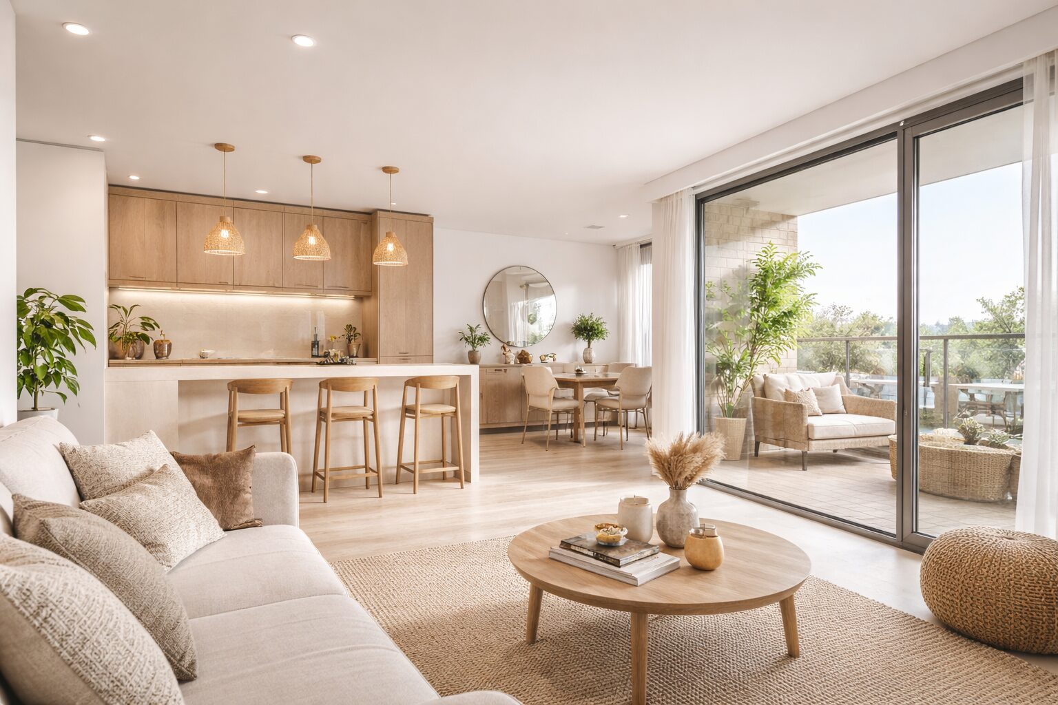 Espacio salón moderno con cocina abierta.